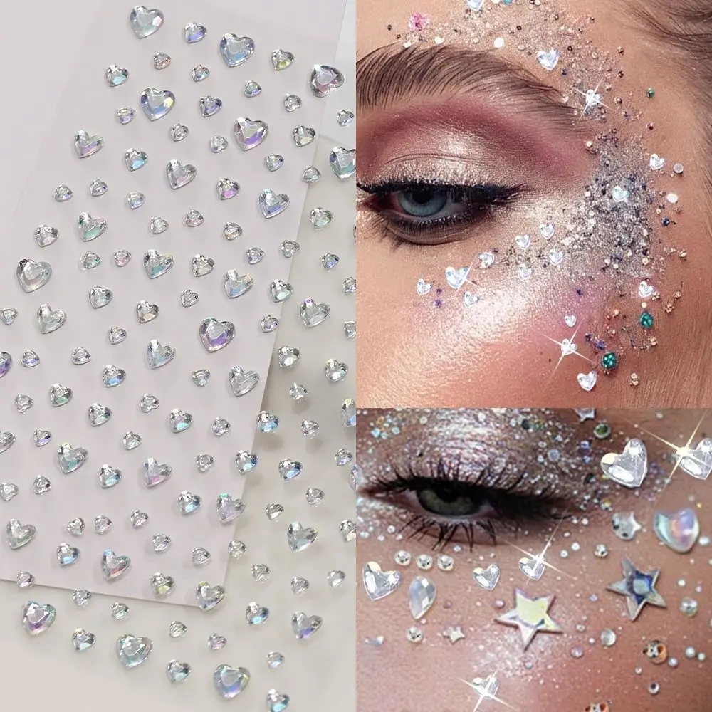 3D Dazzling Face Rhinestone Sticker Aurora Iridescent Heart Shape Rhinestone Sticker Round Shape Transparent