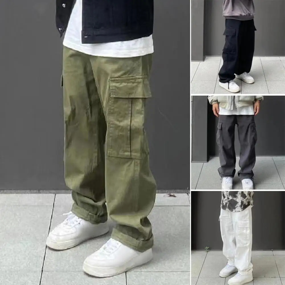 Men Work Trousers Retro Style Men's Cargo Pants with Elastic Waist Wide Leg Multi Pockets for Four Seasons Comfort Solid Color