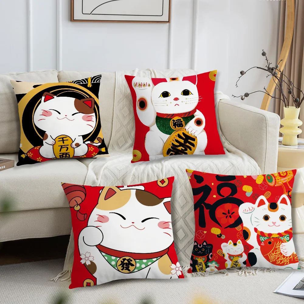 Maneki Neko Rich Luck Money Cat cushion For Bedroom Car Coffee Shop Room Soft and Living Room Sofa Decorative Pillow Cover Case