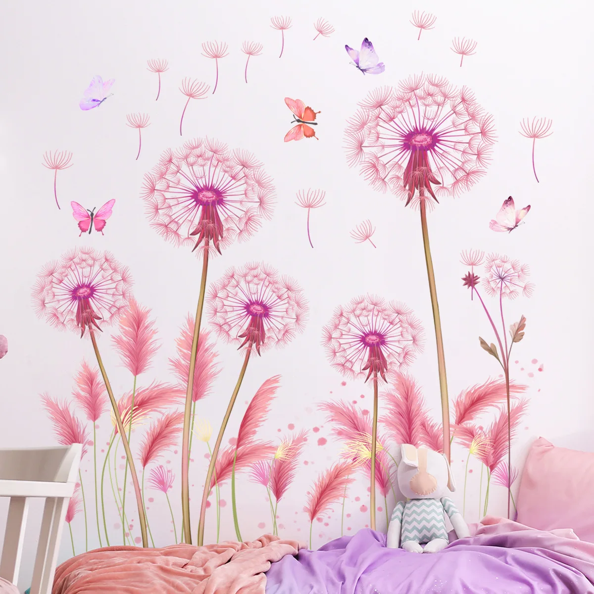 

Large Pink Dandelion Reed Butterfly Wall Stickers Removable for Living Room Bedroom Wall Decoration PVC Plant Murals Home Decor