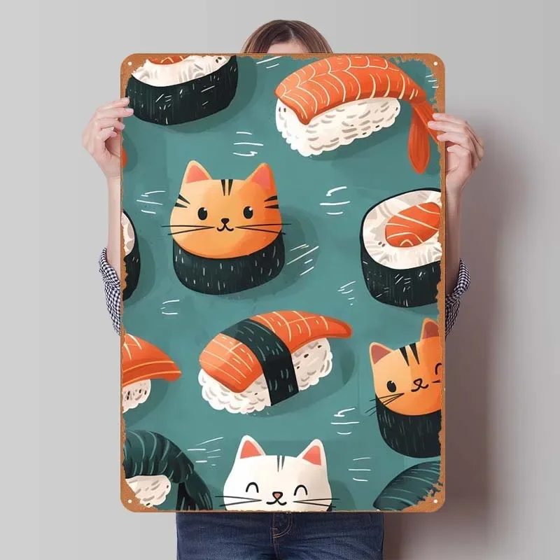 Cute Sushi Cats Rusty Food Metal Poster Gamer Room Decoration Retro Metal Tin Sign for Restaurant Home Kitchen Wall Decoration