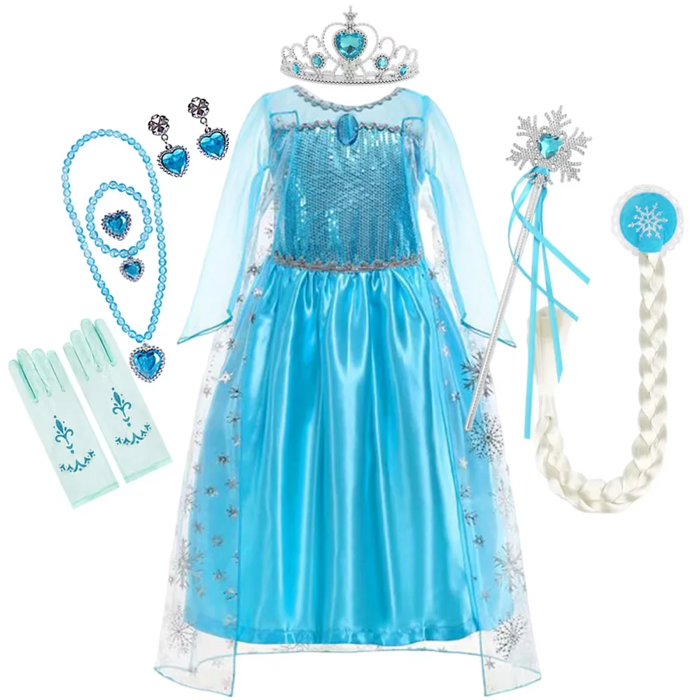 

2025 Elsa Snow Queen Princess Dress Girls Costume Halloween Kids Role-play Carnival Children Birthday Party Dress