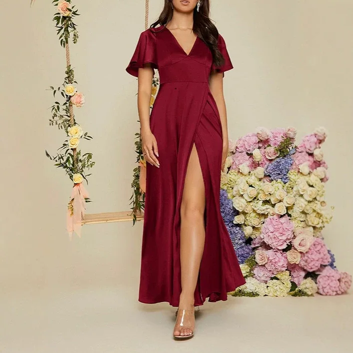 Spring Summer Women Evening Dress V Neck Short Sleeve High Waist Solid Party Gown Dresses Matching Set