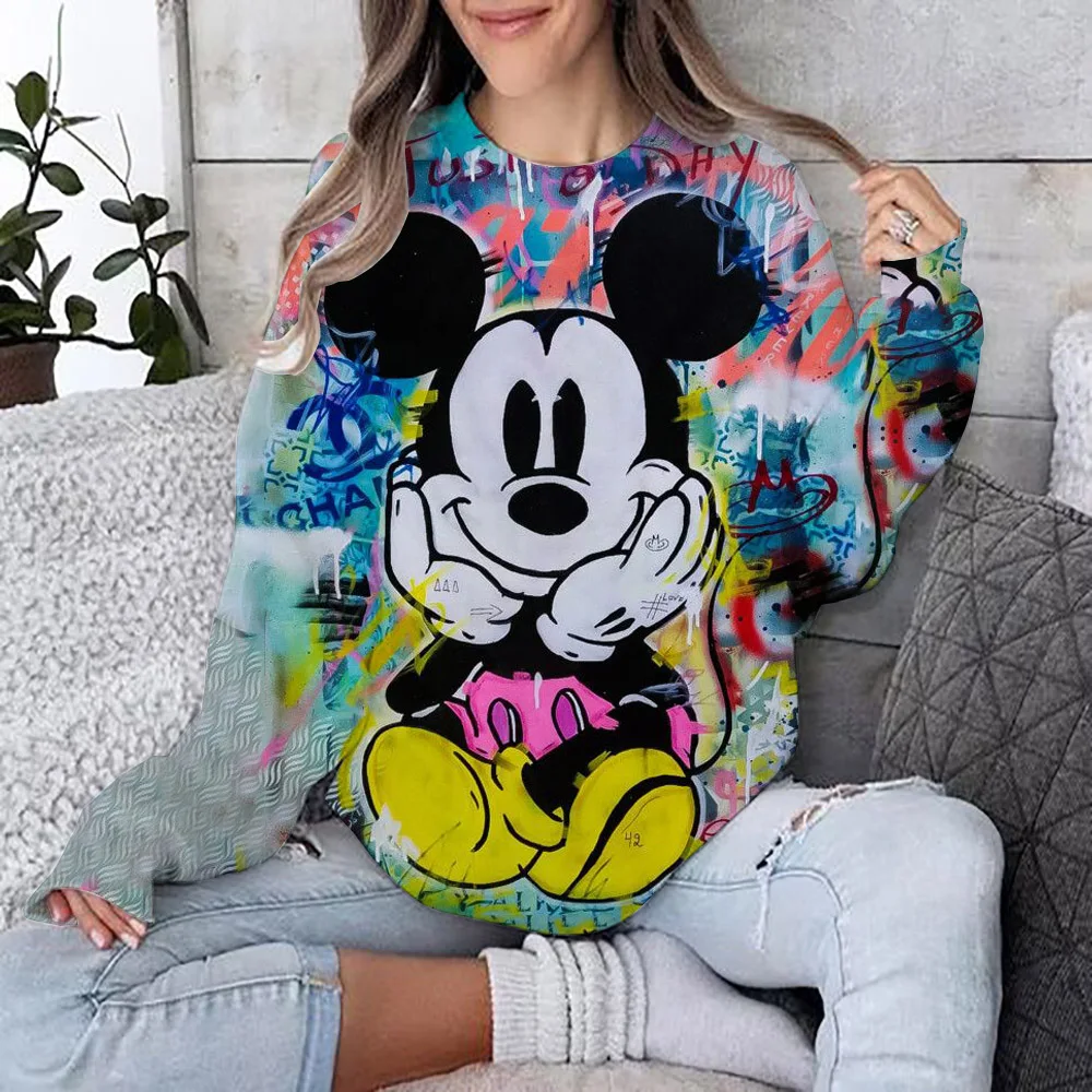 Women\'s Disney Mickey Mouse print Long Sleeve Sweatshirt Vintage Korean Harajuku Y2k Aesthetic Oversize Graffiti Print Pullover