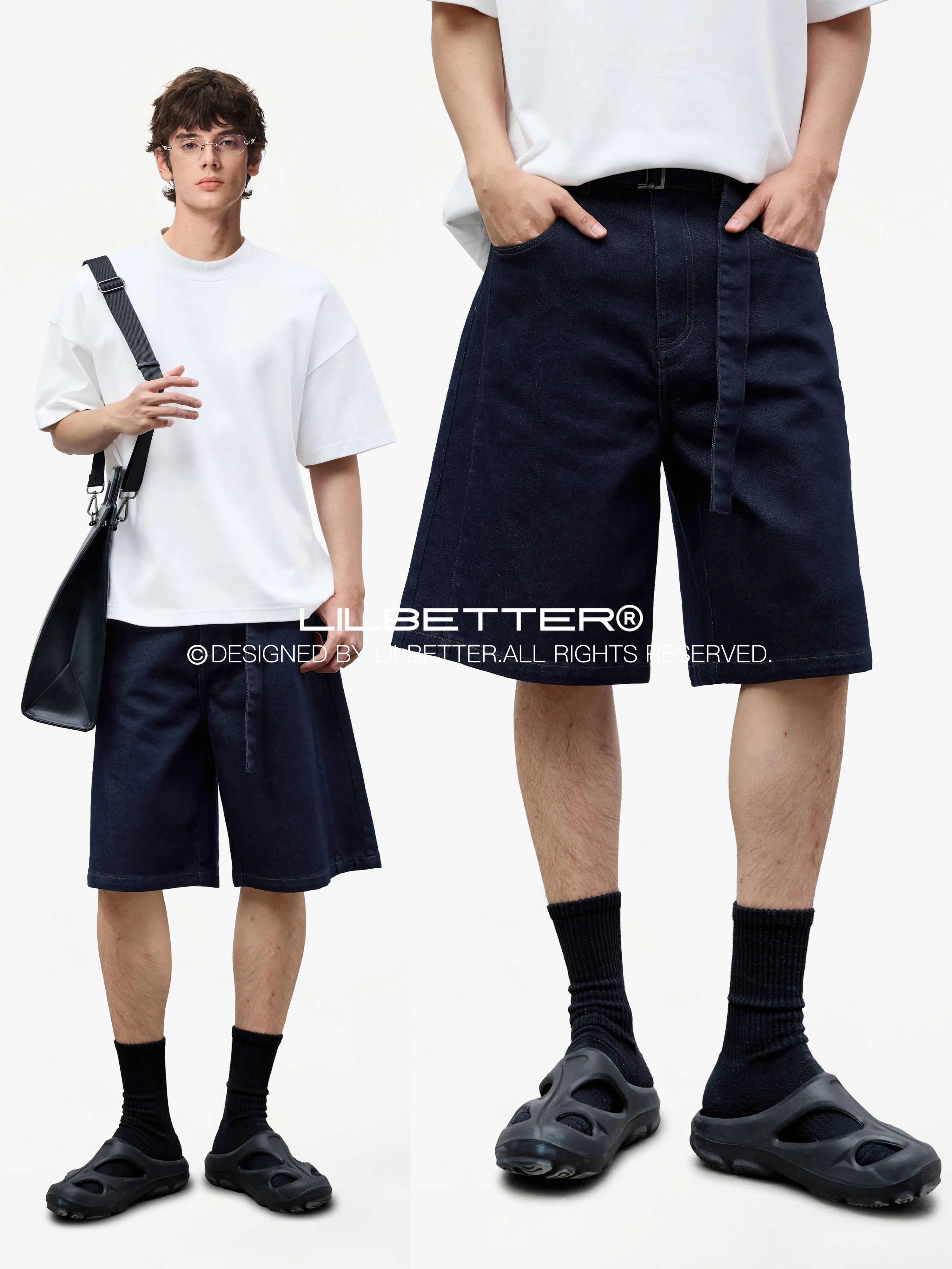 Lilbetter Denim Original Color Five-Quarter Casual Shorts with Belt Summer New Loose Fit Jeans Cotton Polyester Blend Straigh...