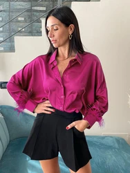 Wolfeel Feather Cuffs Elegant Women Feather Shirts Rose Pink Oversized Blouses And Tops Splicing Spring Satin Office Ladies