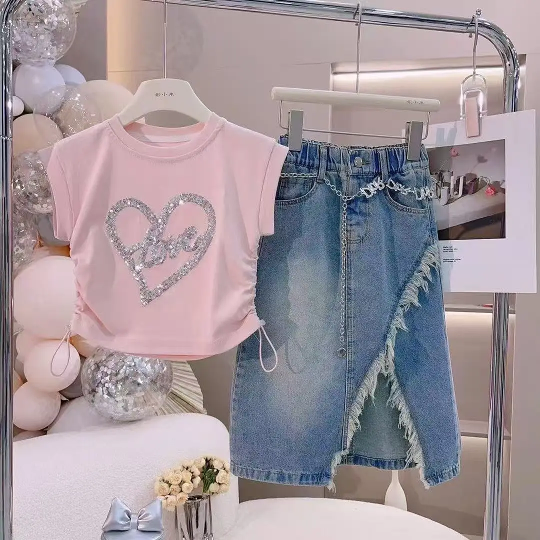 Girls' Summer Korean Version Temperament Casual Two-piece Set Top and Denim Skirt Set