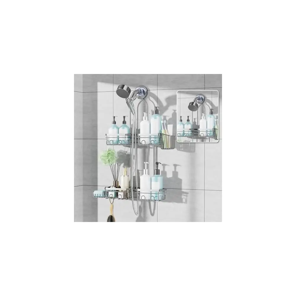 

Shower Caddy Hanging for Handheld Showerheads, Rustproof Hanging Shower Organizer with Soap Dish, Toothbrush Holder and Hook