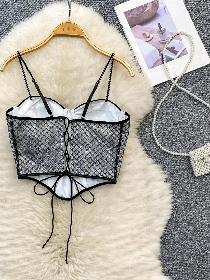 Foamlina 2025 été Niche Unique Plaid haut à paillettes Style européen Sexy dos nu licou sangle gilet élégant court Bustier