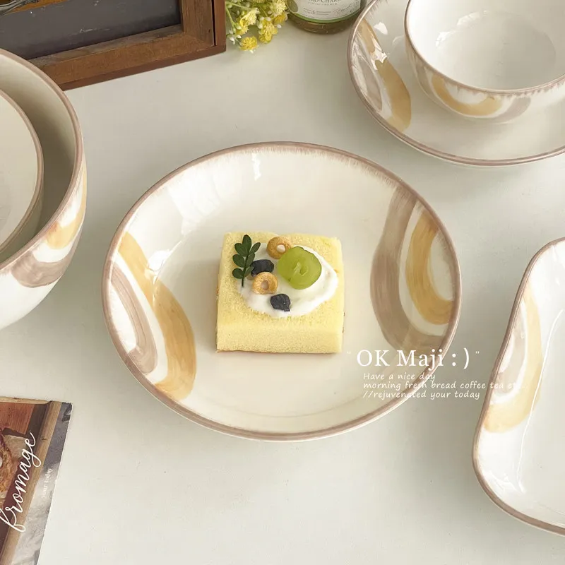 Underglaze Color Dessert Plate 2026 New Household 7-8 Inch High End Deepen Dishes Splicing Aesthetic Salad Breakfast Cake Plate