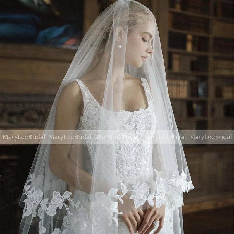 Véu de casamento floral de fadas com blusher, tule macio, véu nupcial branco com pente, acessórios para cabeça, 2 camadas