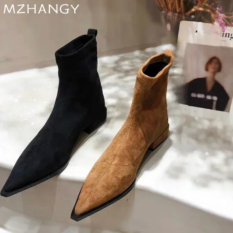 Botines de ante para Mujer, zapatos de tacón, zapatos sexis a la moda con punta en pico, Botas de nieve de tendencia para Mujer, vestido elegante