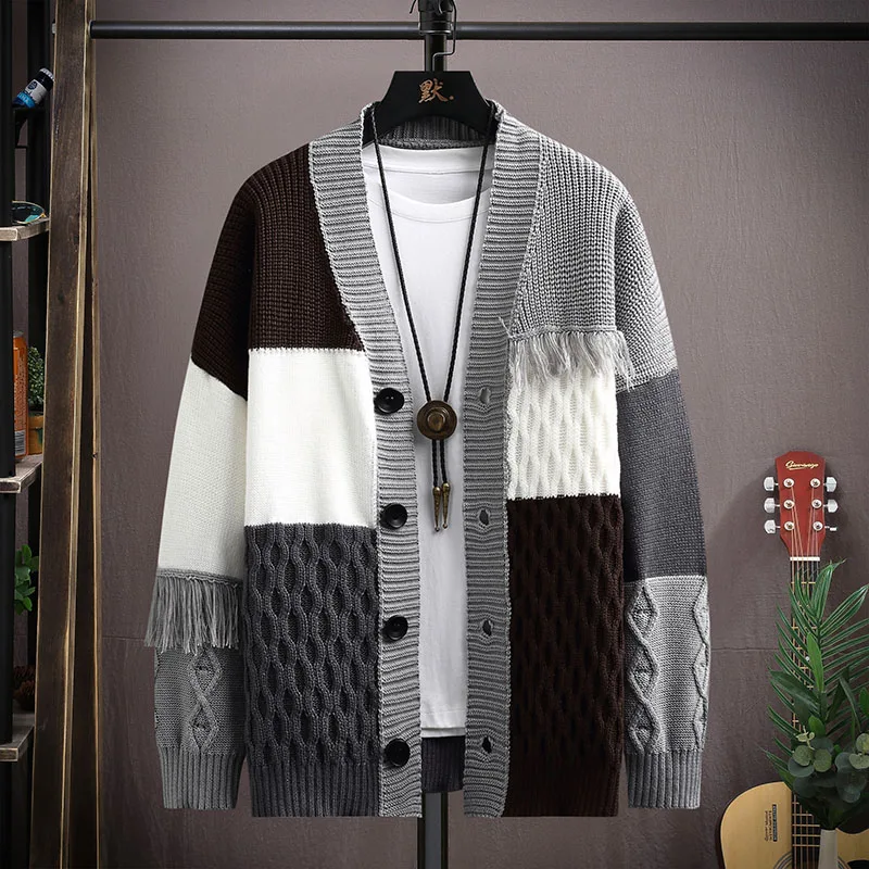 

Autumn Winter New Men's Fashion Style Slim Trend Handsome with Patchwork Men Cardigan Sweater Casual Knitwear