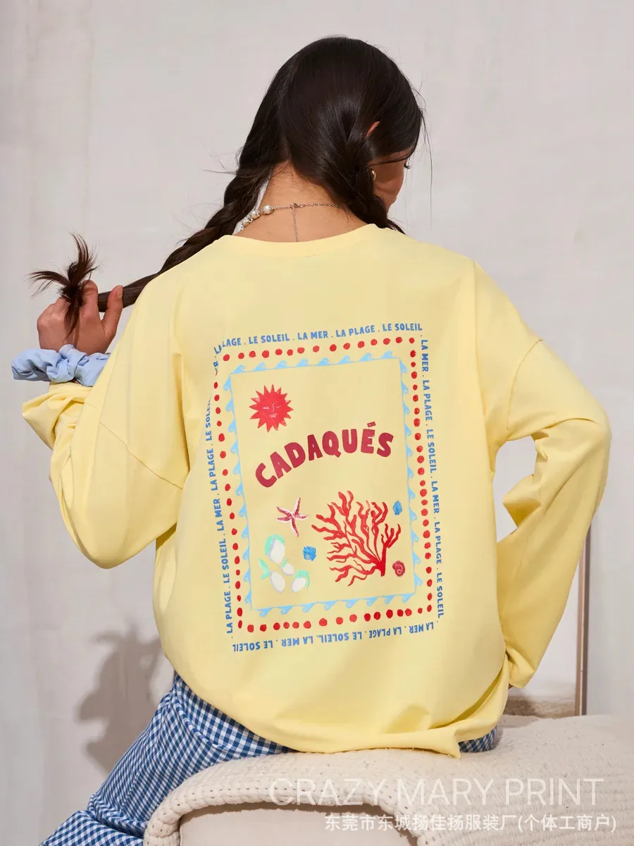 Russian Fashion Coastal Beach Coral Shell Graphic Oversized Cotton Long Sleeve Tee Women Vacation Aesthetic Casual Fall T‑Shirt