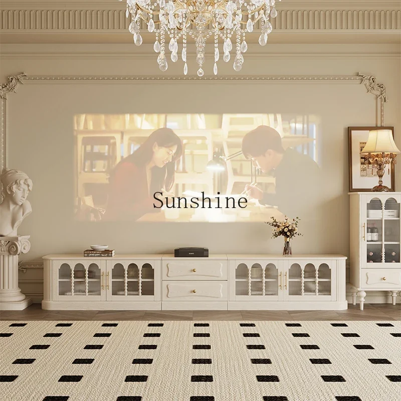 

French retro all-solid wood cream wind TV cabinet, living room small apartment storage and storage integrated locker