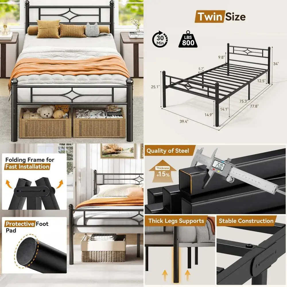 Estrutura de cama dupla de metal clássico com suporte de ripas de aço e armazenamento embaixo da cama 12,5