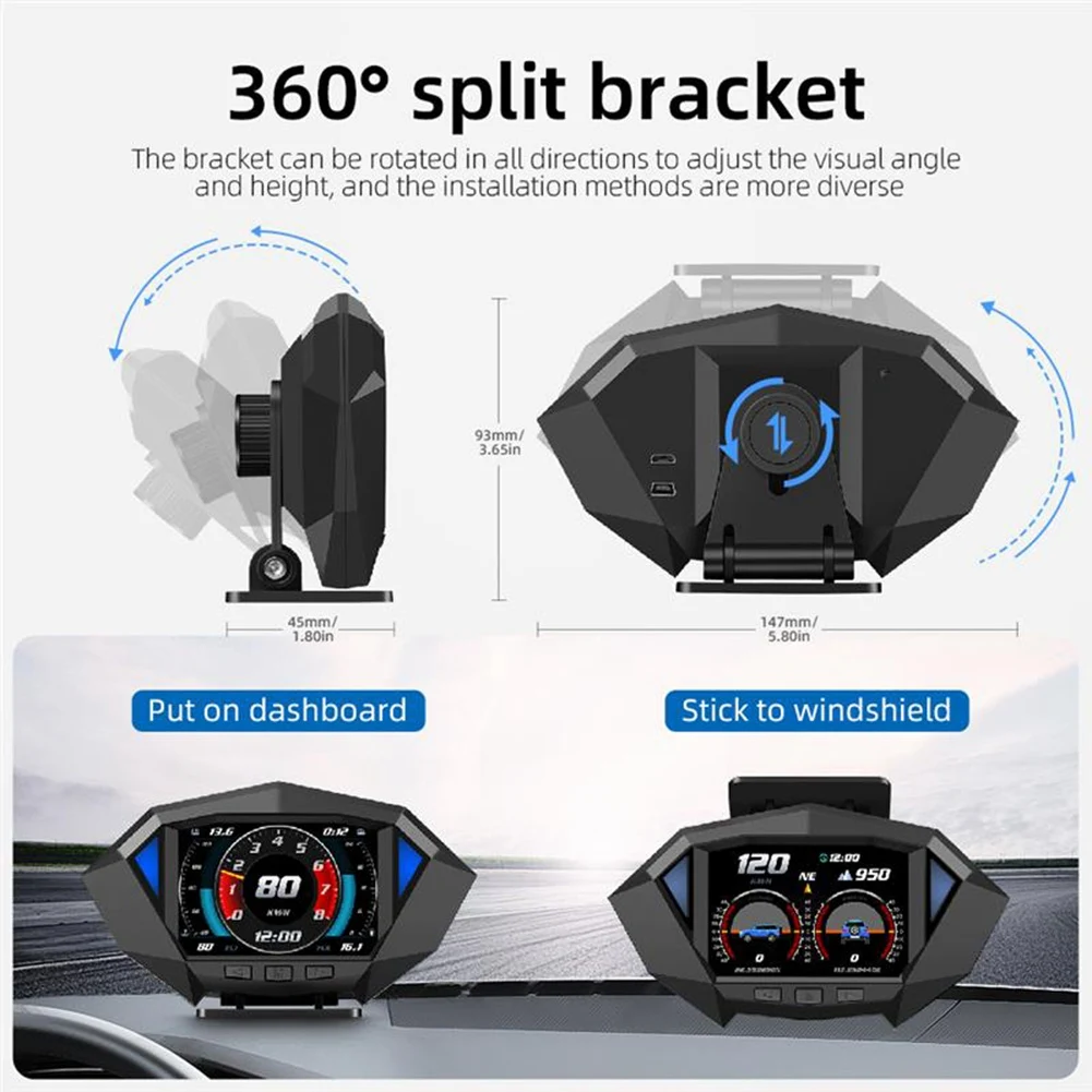 Auto HUD Head Up Display Dual System Car Hud GPS OBD2 OBDII Speedometer Projetor Over Speeding Alarm RPM