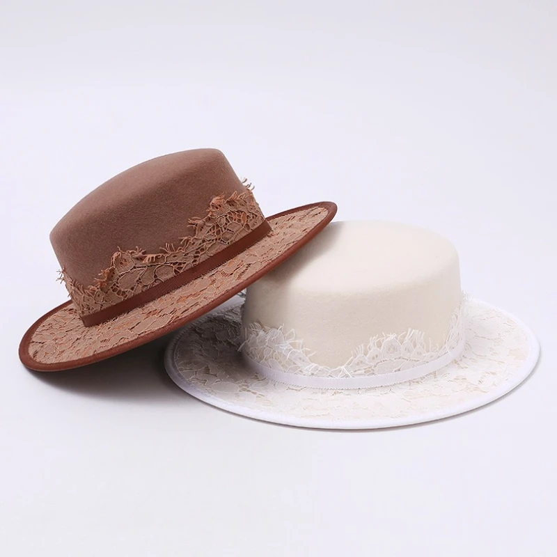 Unique Elegant Lace Decorated Wool Fedora Hat For Women Wide Brim Flat Top High-quality Fashion Felt Hat For Autumn Winter