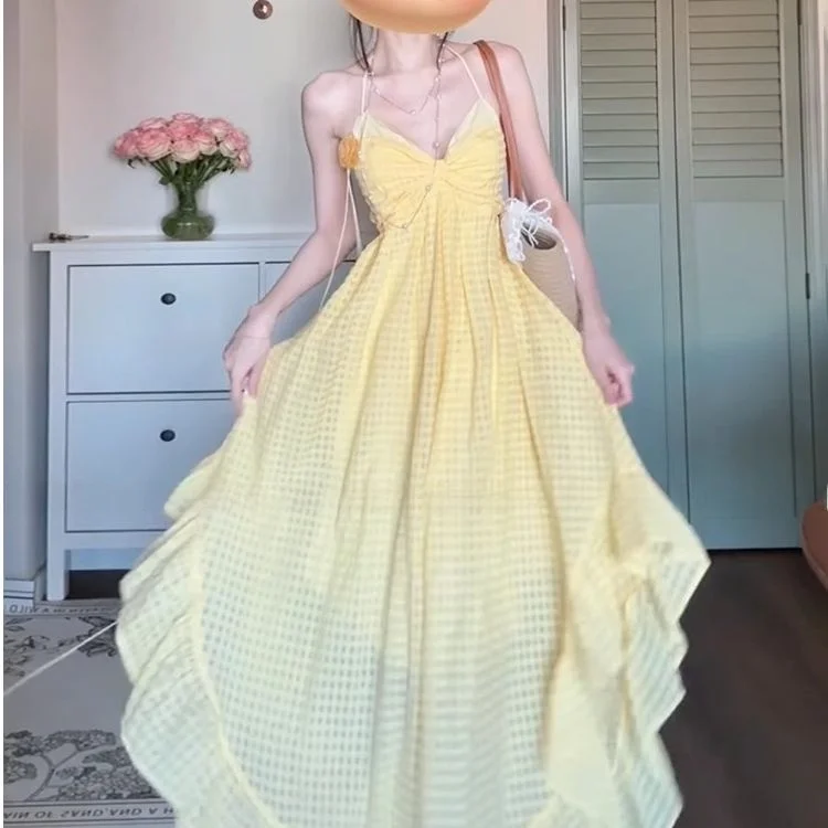 Summer Yellow Gingham Backless Strap Dress Women's Beach Atmosphere Beach Long Skirt High Waist A-Line Non-Elastic Polyester