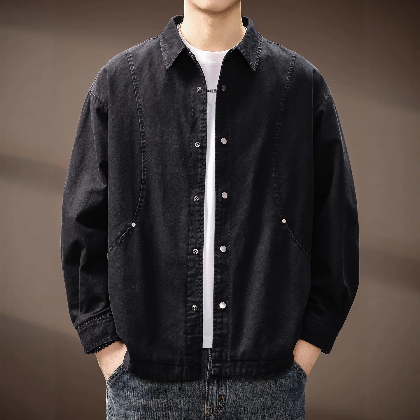American Japanese New Fashion Men Heavy Duty Simple Basic Casual Trendy Black Apricot Long Sleeve Turn-down Collar Shirt Coats