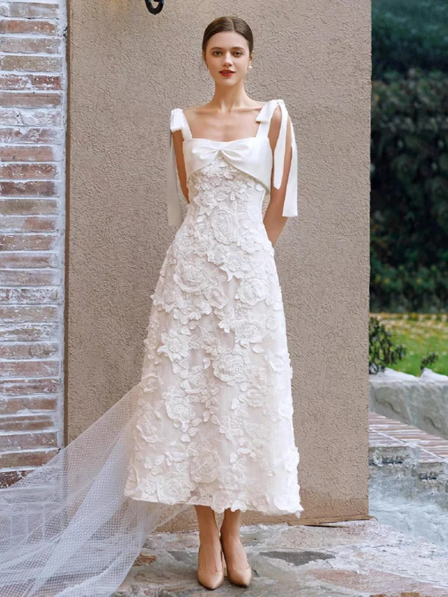 

White Lace Strap Wedding Dr for Engagement And Wedding Outing Simple Sle mid Waist Slim Fit mid Length Gown with Zipper