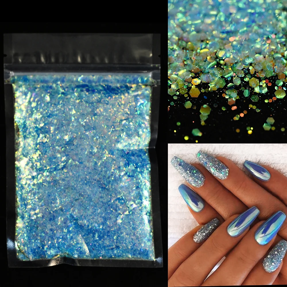 50g/bag Iridescent Chunky Nail Glitter Mixed Hexagon Colorful Sequin Powder for Gel Polish Epoxy Resin DIY Nails Accessories