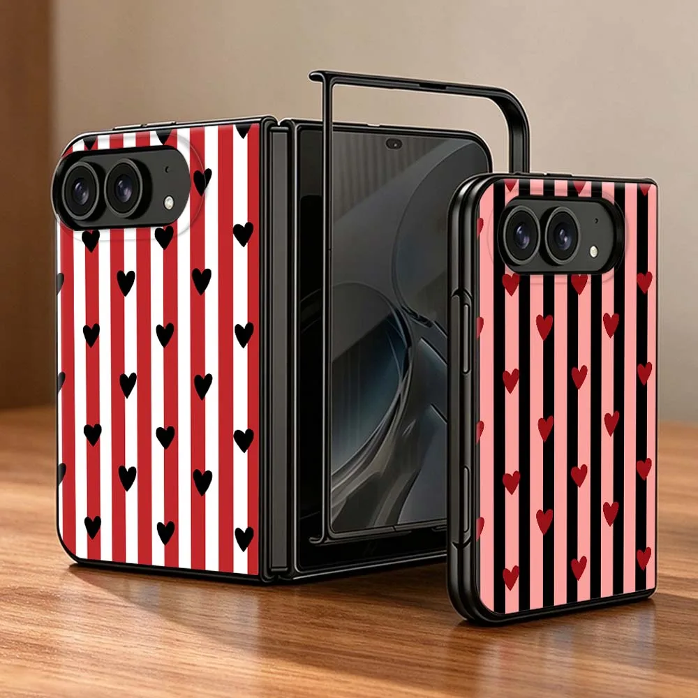 Cartoon Pink Stripe Heart PC Foldable Hard Phone Case For Apple iPhone Duo 18 Ultra Non-slip Shockproof Black Shell