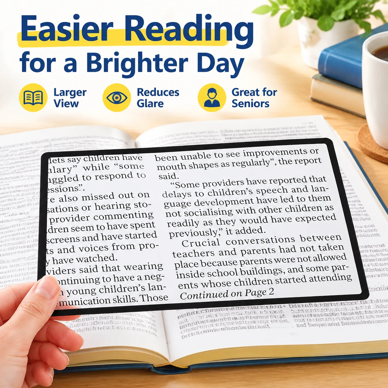 Full Sheet Magnifier for Reading Books Maps, Large Anti-Glare Optical Lens, Low Vision Aid for Seniors