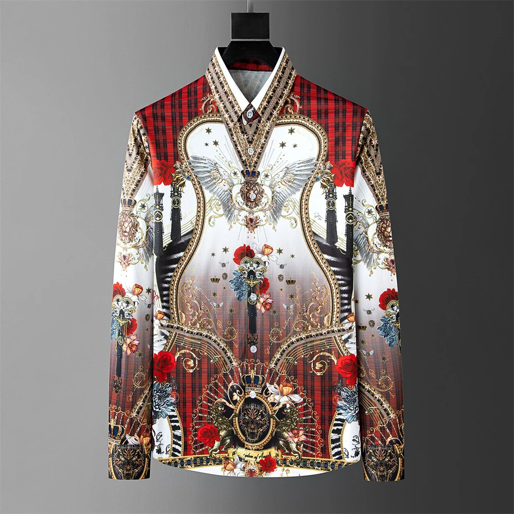 Fashion Men's Luxury Retro Print Shirt Crown Diamond Casual Social Shirt Long Sleeve Slim Fit Business Party Dress Shirt S-5XL