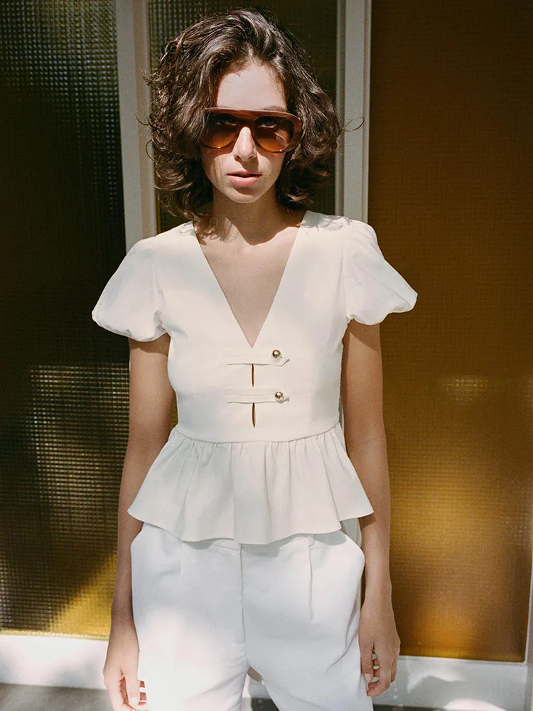 

Fashionable V-neck Bubble Sleeve Short Dress Style Top Women's Clothing Summer New Arrival Slim Fit Chinese Style Shirt