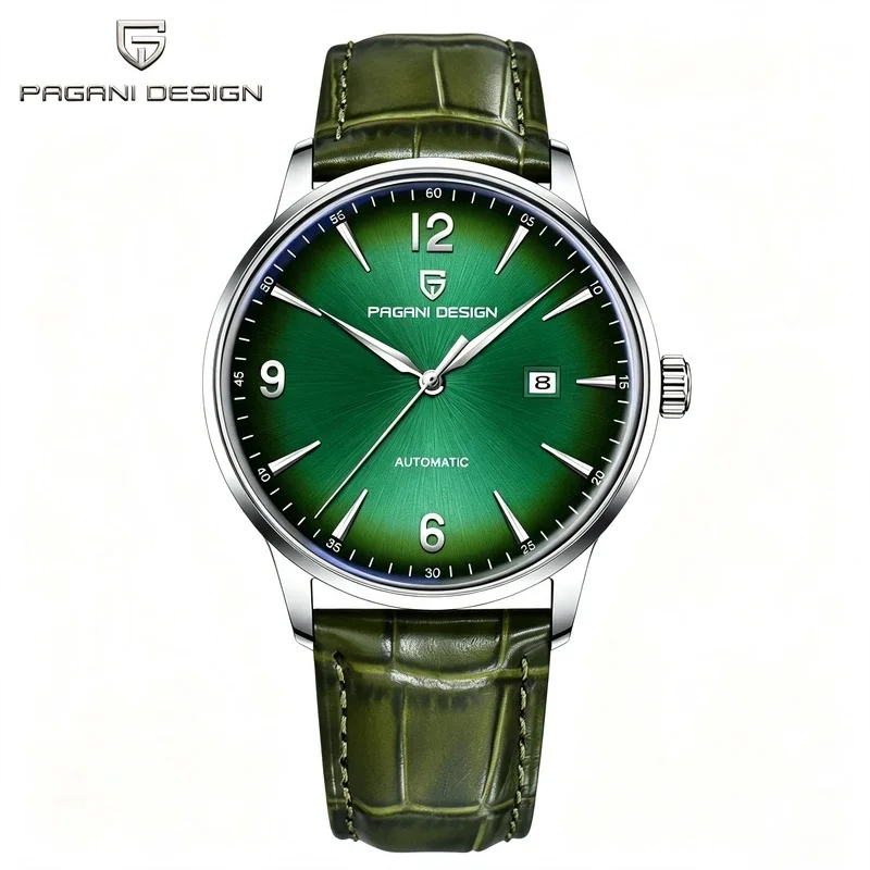 PAGANI DESIGN PD-1832 Men Automatic Watch 42MM Green Dial Y-9018 Movement PU Leather Strap Mineral Glass Date Male Business Wris