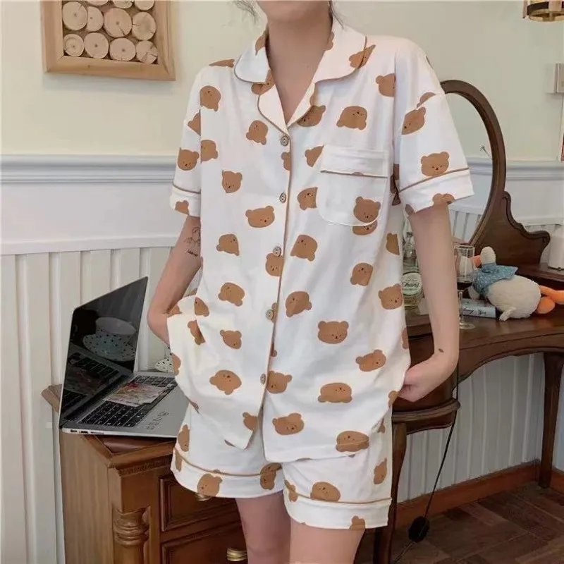 Pyjamas für Damen, Cartoon-Motiv, süßer Bär, hochwertiger Kurzarm-Loungewear-Anzug, Strickjacke, gestreifter Schlafanzug, großes Karomuster, Damen-Nachtwäsche – Detail 3