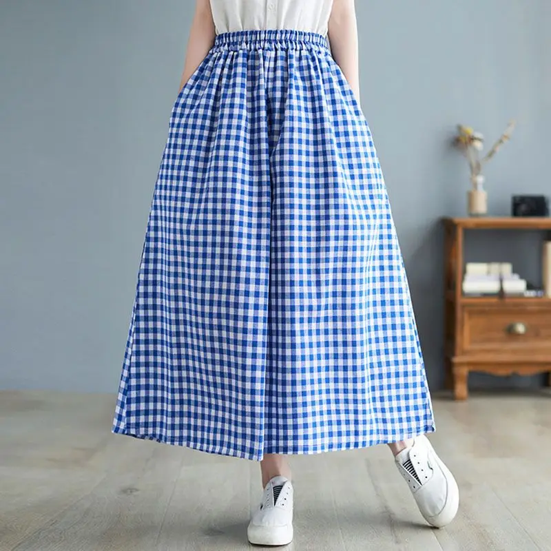 Ladies Casual Korean Plaid Elastic Waist Ankle-length Pants Summer Women Clothing Prairie Chic Pleated Loose Wide Leg Pants