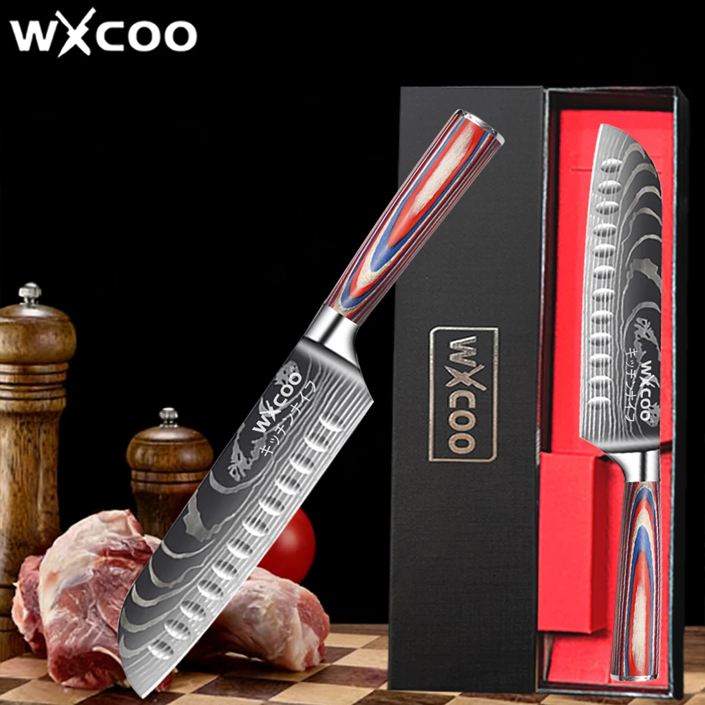 WXCOO Professionelles Japanisches Küchenmesser mit Geschenkbox Santoku Chefmesser Haushaltsmesser für Obst und Gemüse Küchenzubehör