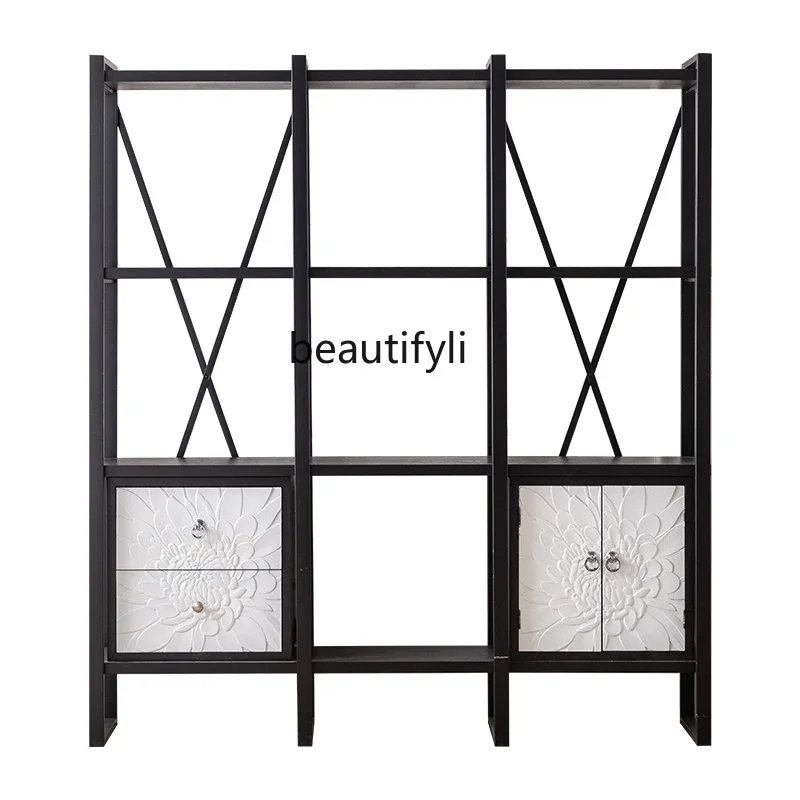 

American retro wrought iron, floor-to-ceiling entrance display, living room partition black, shelf