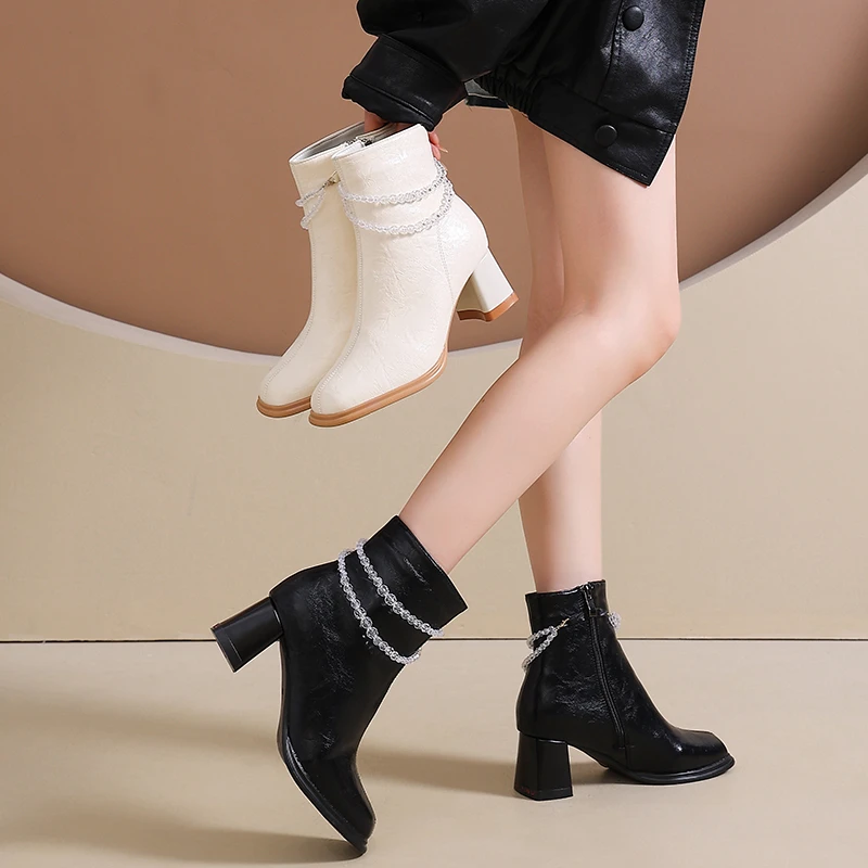Square Toe Block Heel Booties Women's Autumn and Winter All-match Elastic Skinny Temperament High Heels