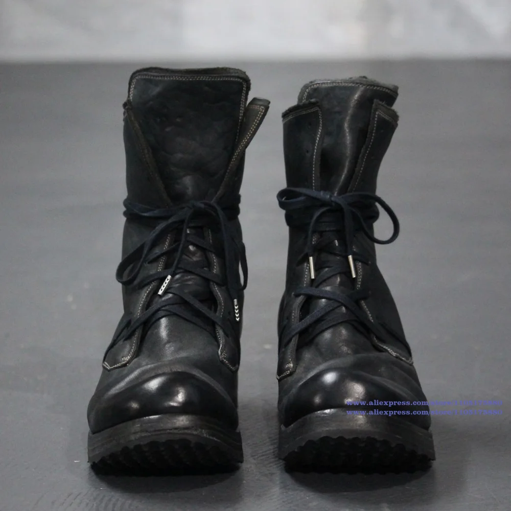Double Soled Motorcycle Boots for Men Soft Leather Ankle Boots Round Toe Boots Luxury Designer Men's High Top Shoes Botas Mujer