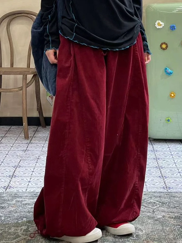 

plus Size Women's High Waist Elastic Corduroy Wide Leg Pants Autumn Winter Warm Casual Trousers Japanese Style Straight Cut