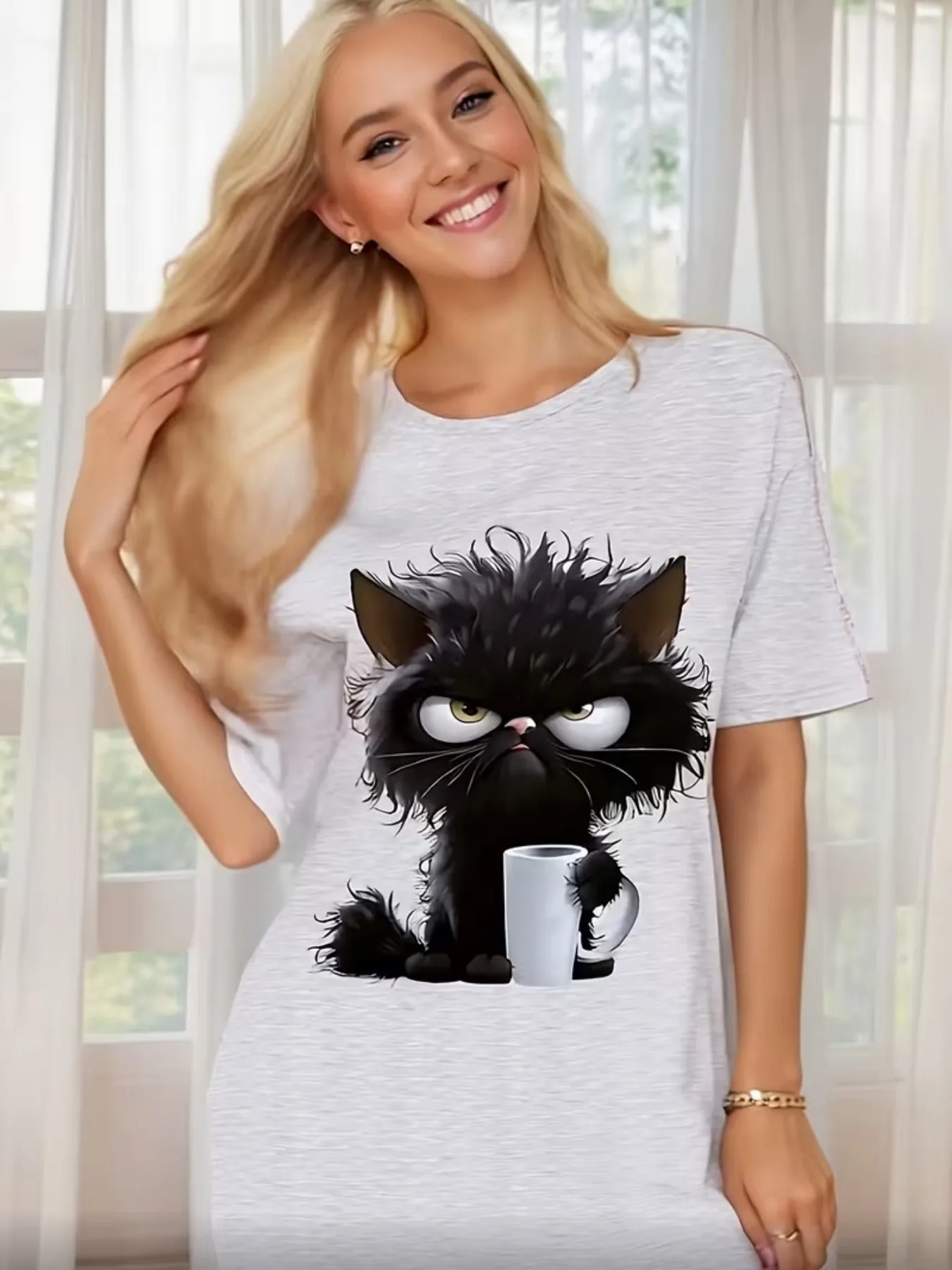 Grumpy Little Black Cat Holding a Coffee Cup Cartoon Print Women's Round Neck Short Sleeve T-Shirt