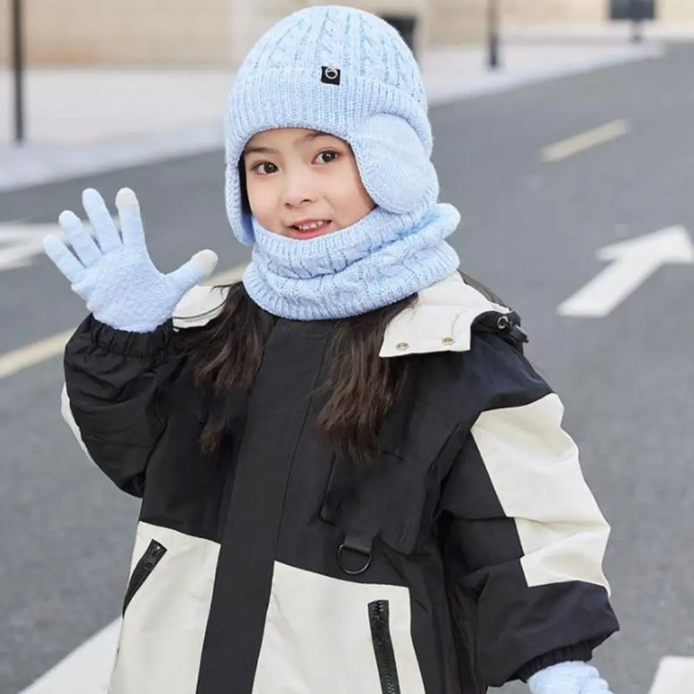 3-ピース-セットソリッドカラー帽子スカーフ手袋セット耳介防寒冬プルオーバー帽子暖かい耳保護キャップストリートウェア