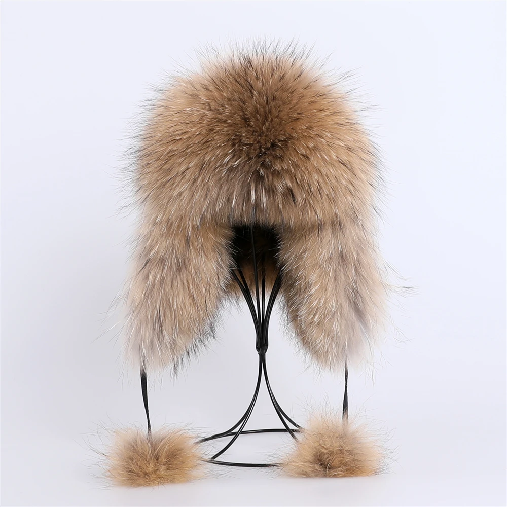 100% Real Fox Fur Hat Women's Russian Ushanka Aviator trapper snow skiing Hat caps earflap winter raccoon fur Bomber hat