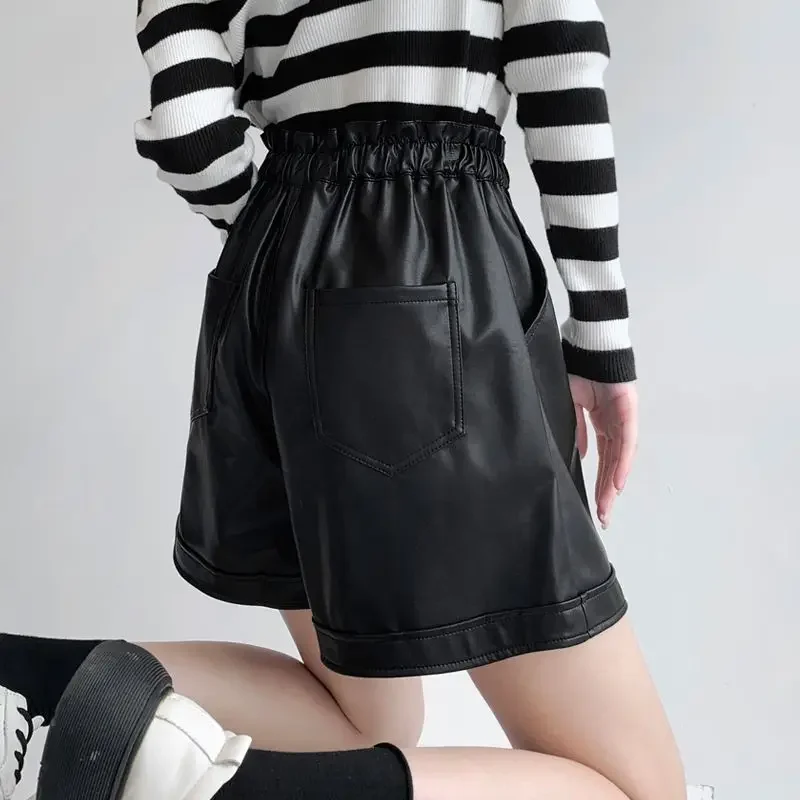 Herbst Modische Tasten Einfarbig Hohe Taille Breite Bein Hosen Frauen Kleidung Einfachheit Plissee Tasche Shorts Damen Hosen