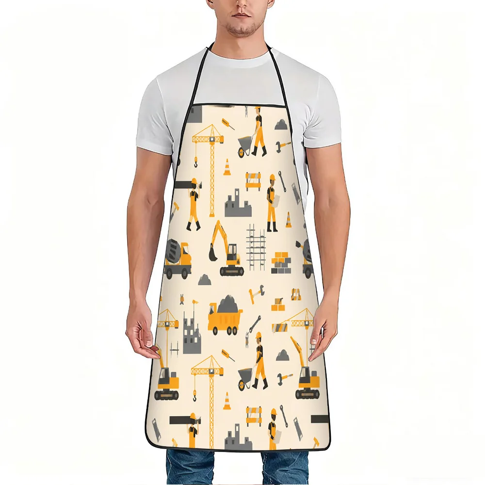 1pc Construction Site Machinery Workers Print Apron, Durable and Easy to Clean, Adjustable Waistband, Polyester Material, for Ki