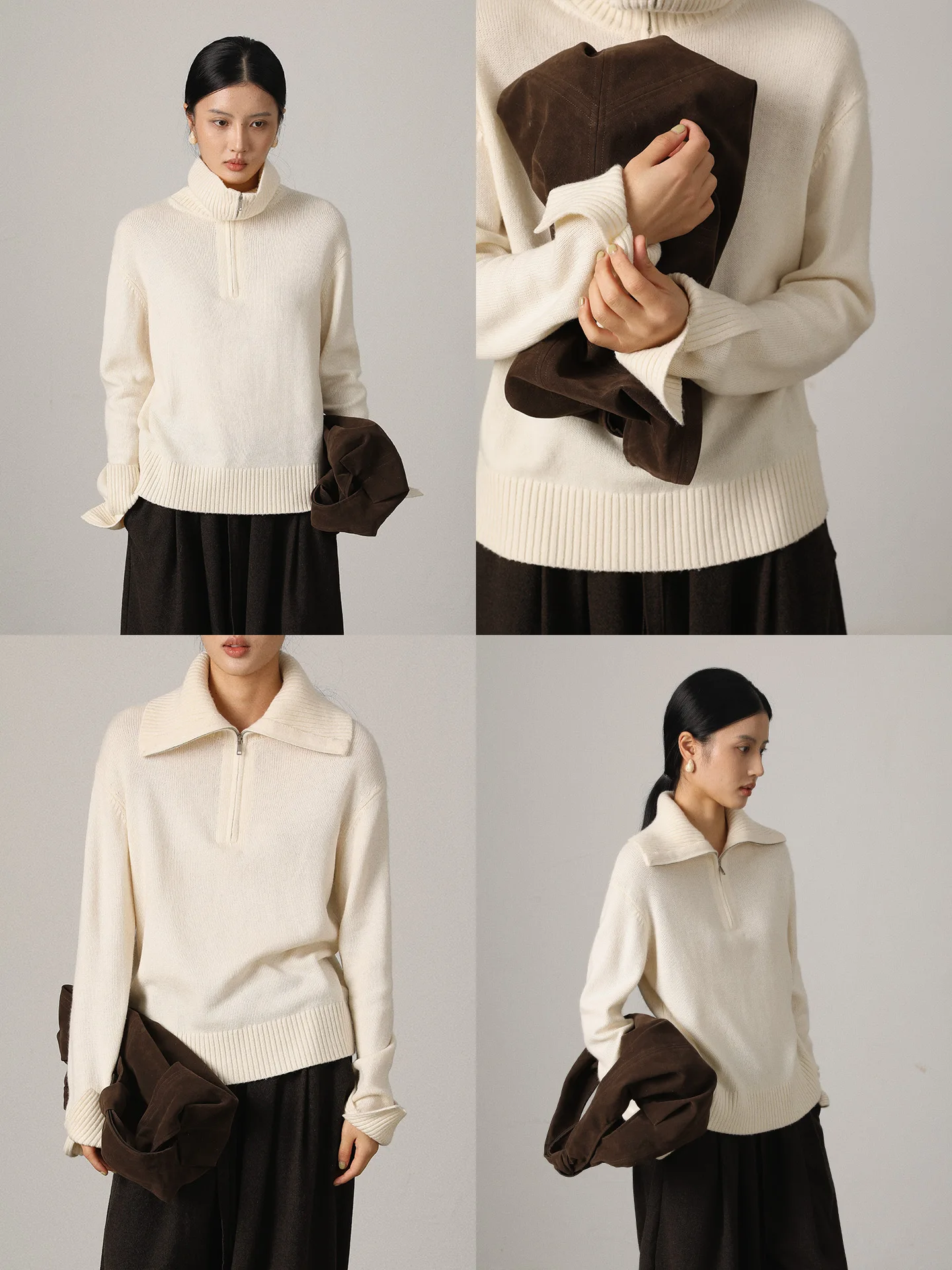 

Vimore Soft Woolen Sweater Warm Knitted Winter Top Loose Fit Turn-down Collar f-zipped Fem Commute Sle Faionable