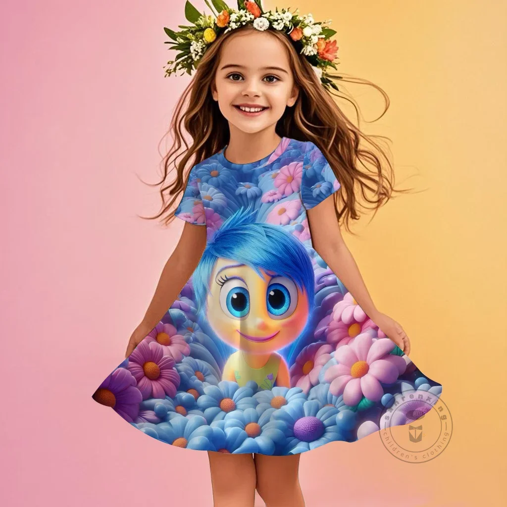 

Новое платье Disney Inside Out Theme 3D для девочек с короткими рукавами, осенне-летнее повседневное платье Kawaii для детей 3-14 лет