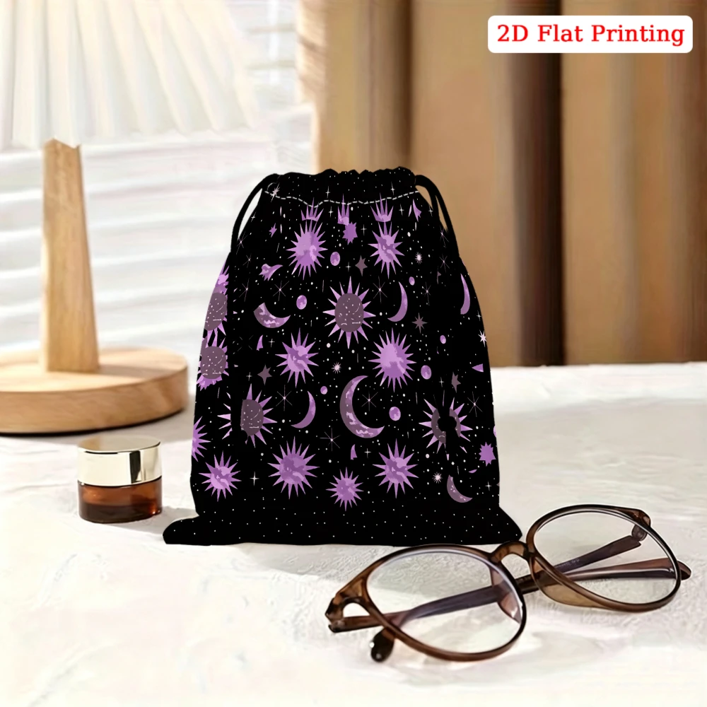 1pc Velvet Drawstring Bag Black Purple Moon Star Pattern Storage Small Pouch Jewelry Glasses Cosmetics Organizer For Women Trave