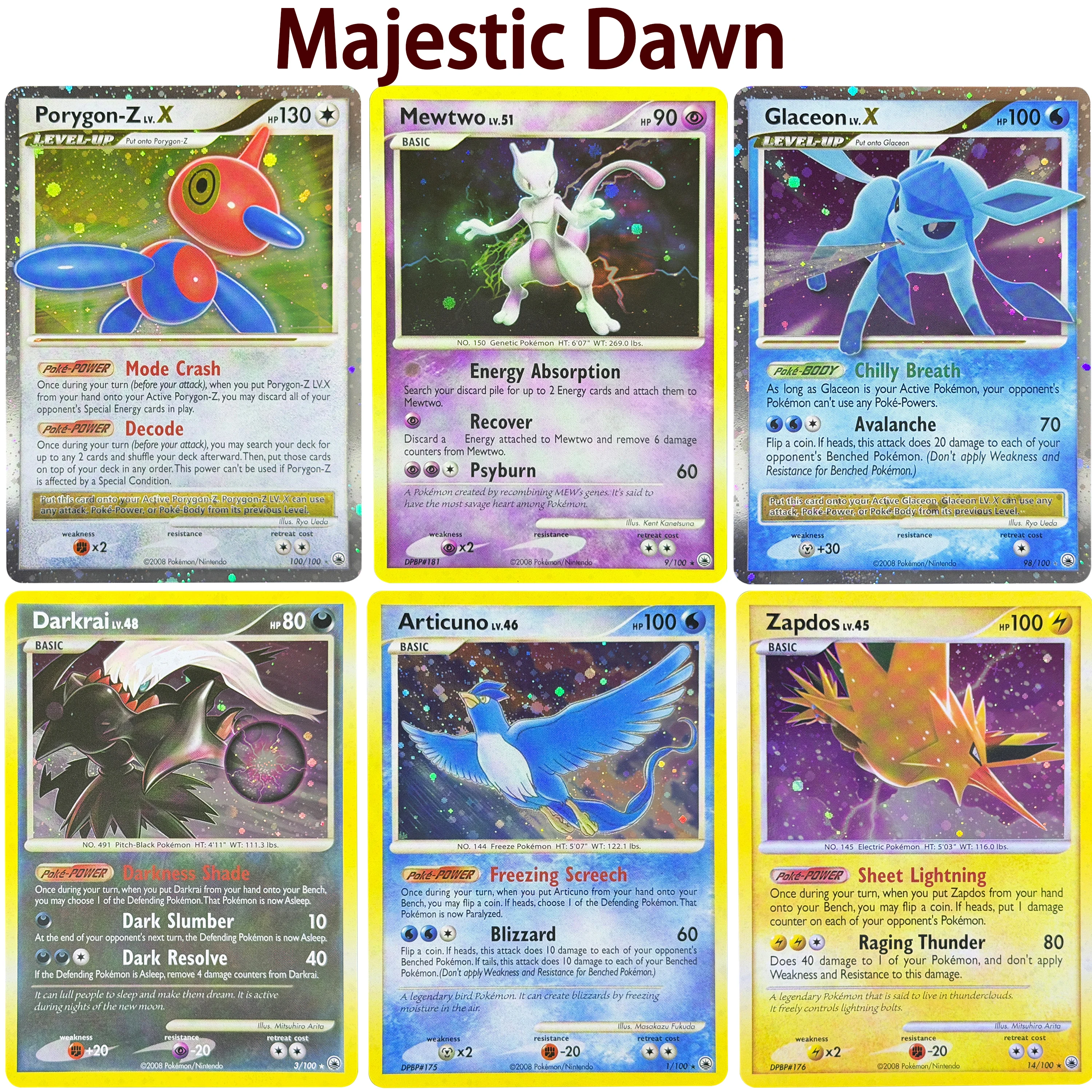 PTCG Majestic Dawn Set English Glaceon LVX Darkrai Mewtwo Zapdos Articuno Holo Rare 11PCS Collection Proxy Cards