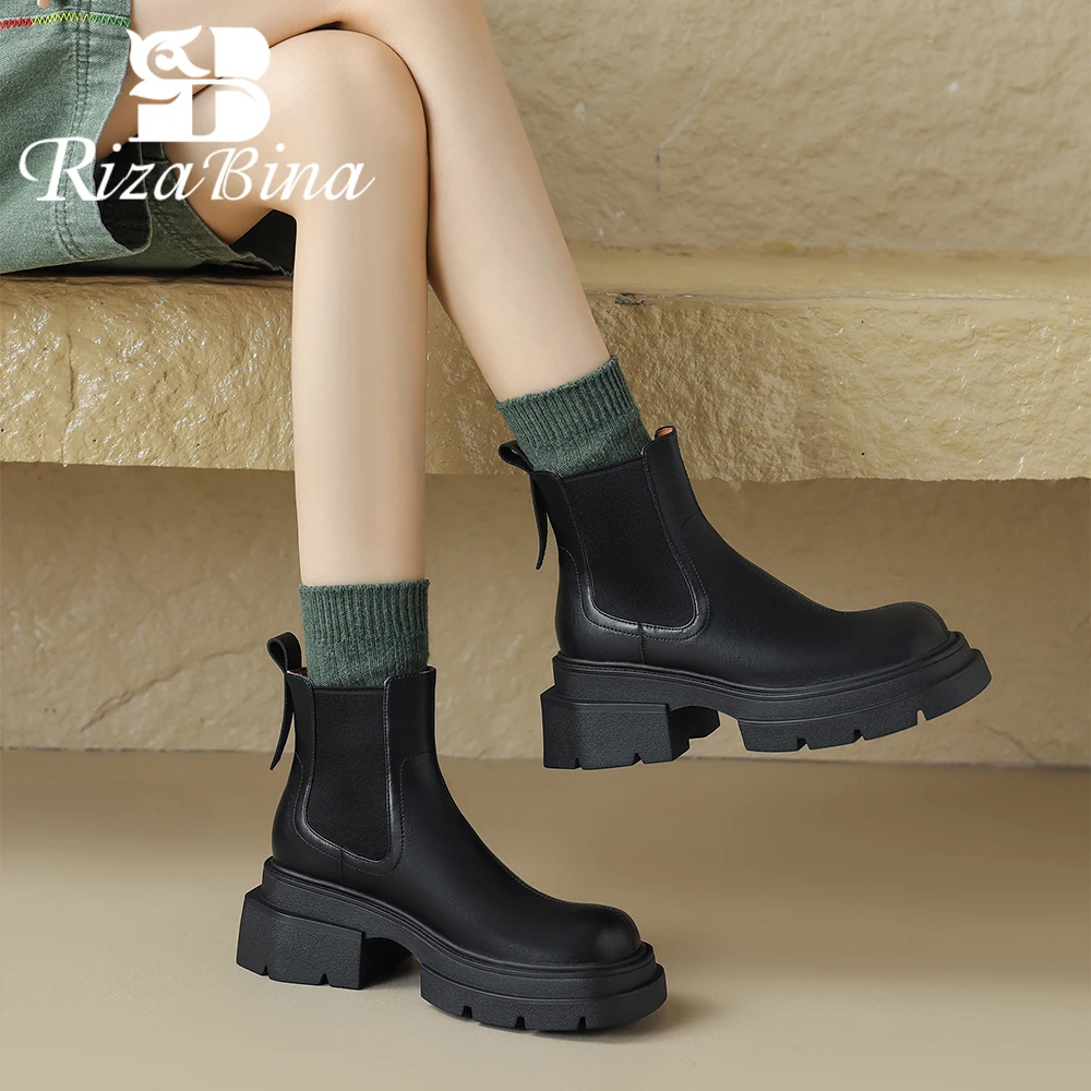 RIZABINA Genuine Leather Women Chelsea Boots Elastic Band Punk Style Platform Boots Ladies Slip On Back Zipper Winter Warm Shoes