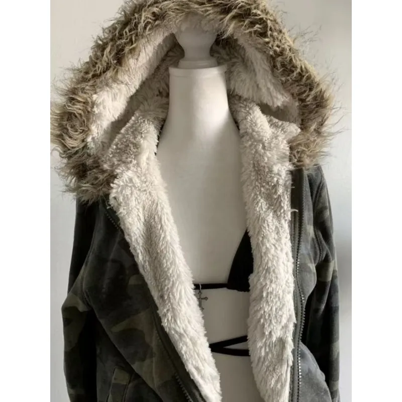 American vintage Harajuku Fox collar patchwork hoodies women's y2k camouflage zipper hoodie coats subculture slim hottie outwear