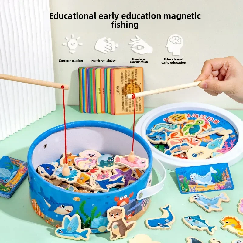 Magnetic Wooden Puzzle Barrel Fishing Toddler Barrel Wooden Ocean Animal Cognitive Interactive Early Education Game Montessori